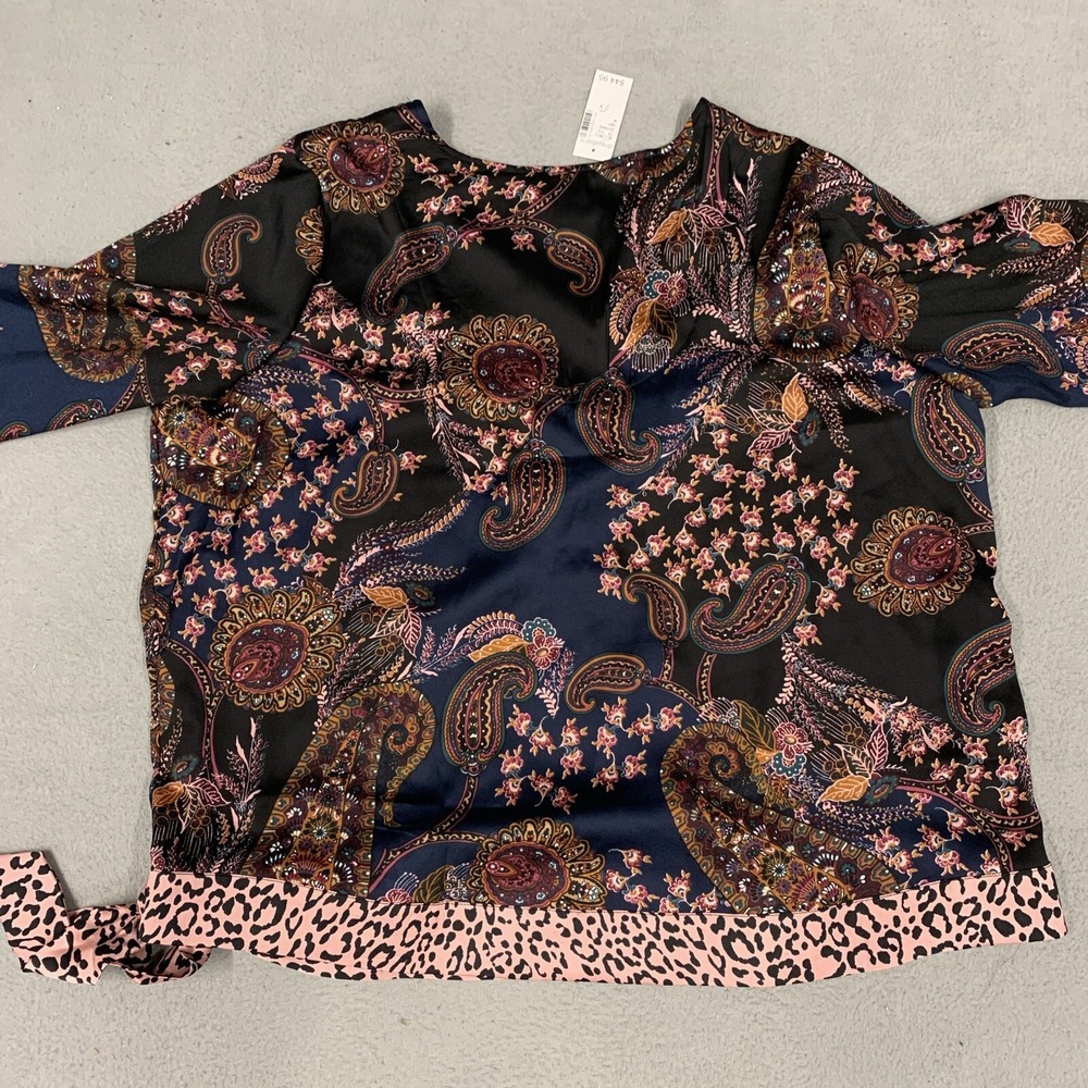DressBarn Blouse Women's Size XX-Large 3/4 Sleeve Navy Pink Paisley Leopard Wrap